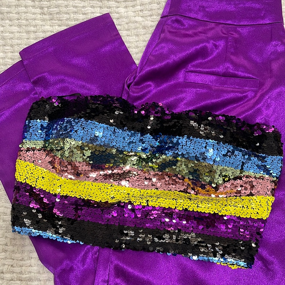 Two Piece Set Sequin Top and Purple Pants